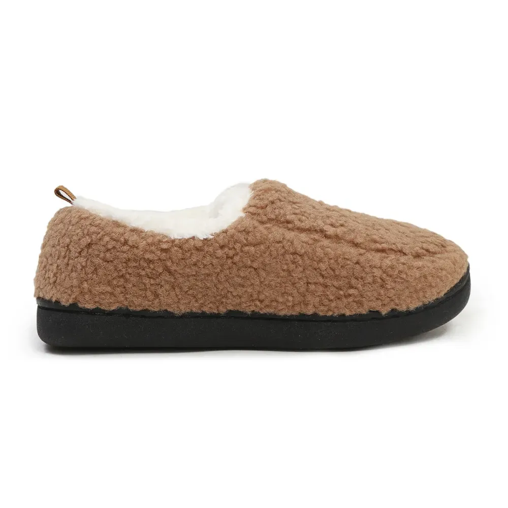 Dark Camel Closed Toe Falt Faux Fur Slippers