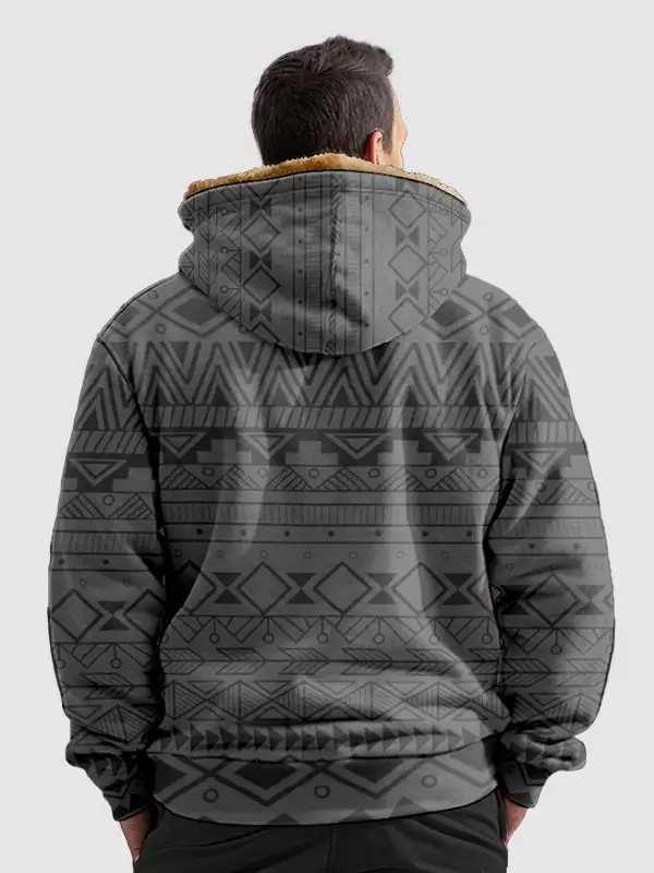 Men's Retro Ethnic Fleece Zip Printed Hoodie Jacket