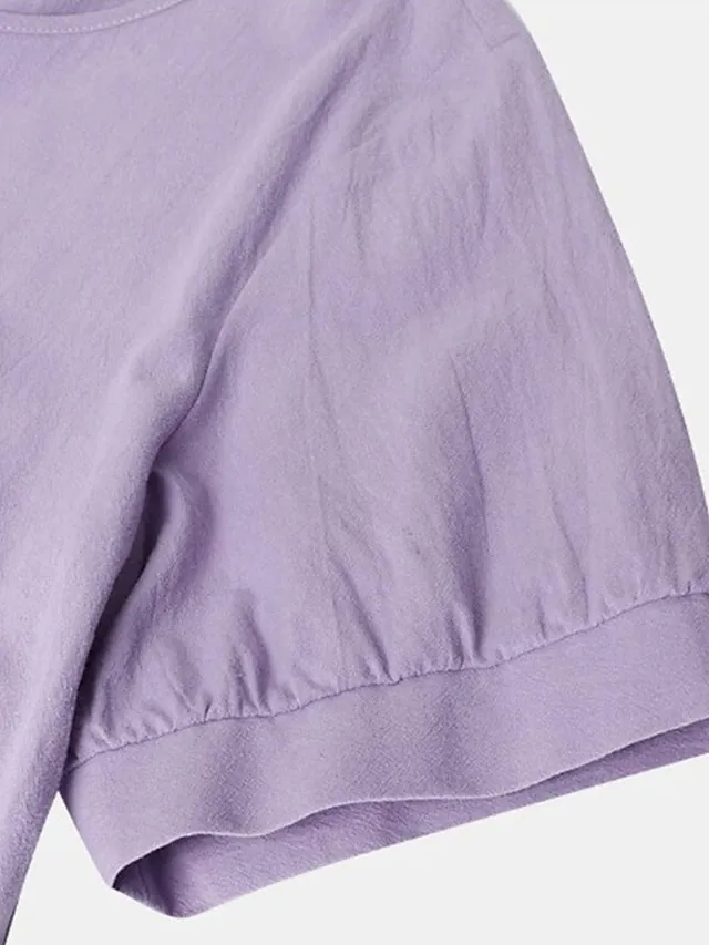 Women's Cotton Linen Dress Casual Dress Midi Dress Cotton Blend Basic Casual Outdoor Daily Vacation Crew Neck Ruched Button Short Sleeve Summer Spring 2023 Loose Fit White Purple Green Plain M L XL