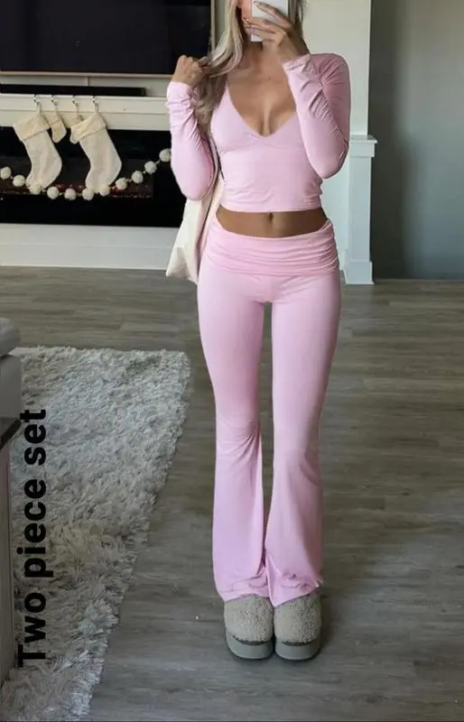 Fall/Winter Elegant 2-Piece Set: Slim-Fit V-Neck Long Sleeve Crop Top & Plain Pants