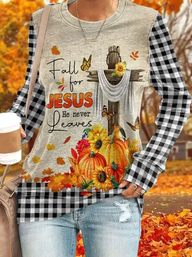Thanksgiving Fall For Jesus He Never Leaves Plaid Pumpkin Print Sweatshirt