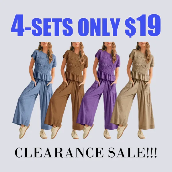Women's 2-Piece Smocked Top & Wide-Leg Pants Lounge Set with Pockets
