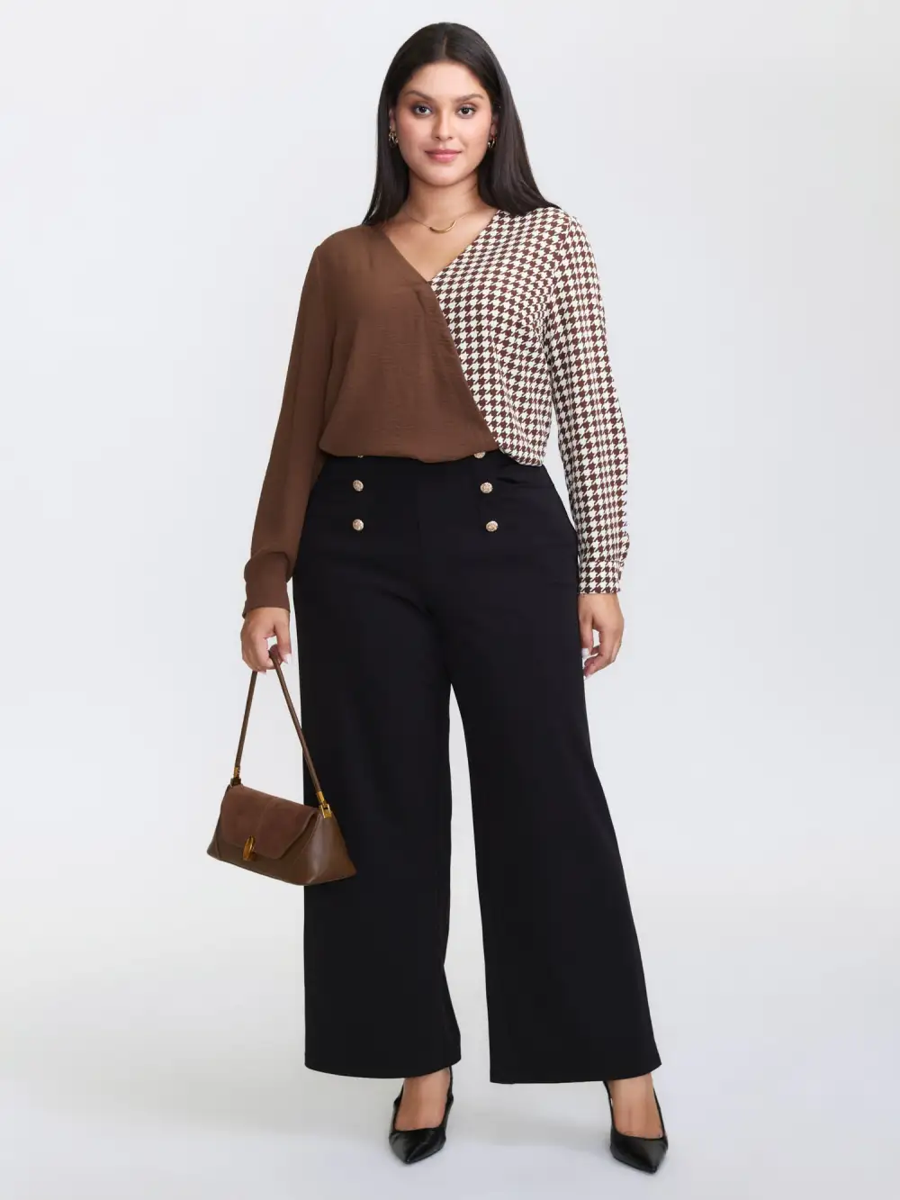 Checkered Contrast Button V-Neck Blouse