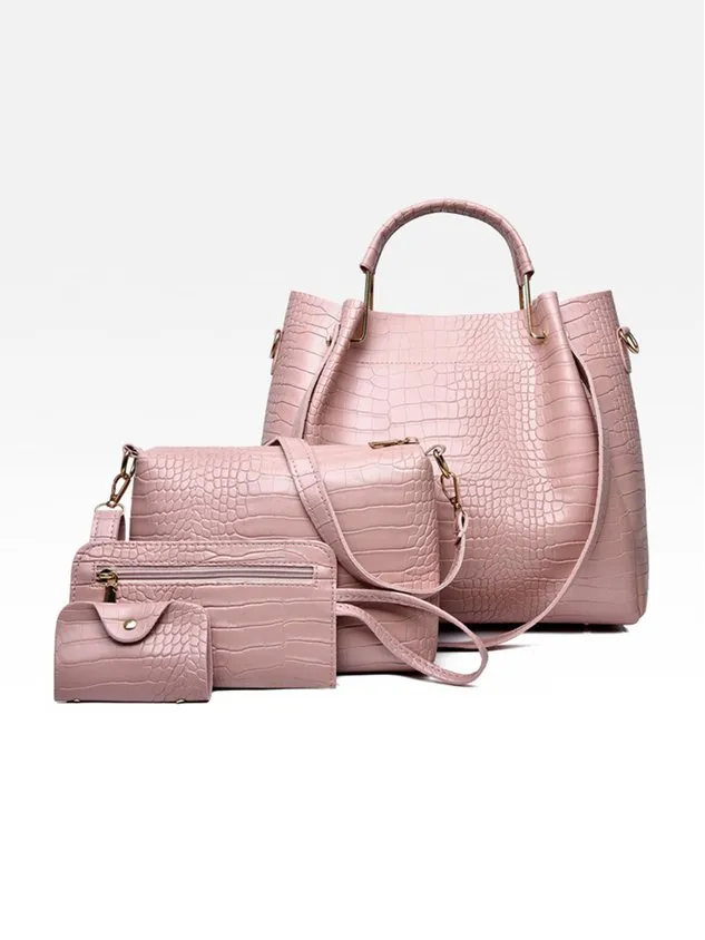 4pcs/set Large Capacity Crocodile Embossed Handbag Commuting Tote Bag with Crossbody Strap