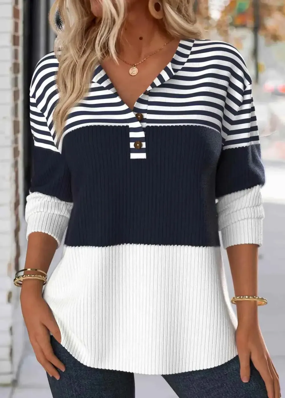 Navy Button Striped Long Sleeve Split Neck Sweatshirt