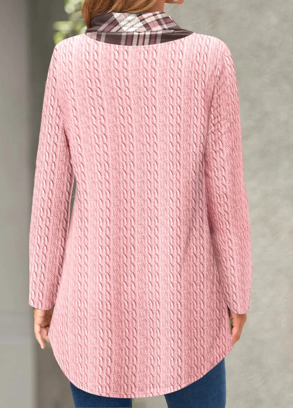 Light Pink Cross Hem Plaid Long Sleeve Sweatshirt