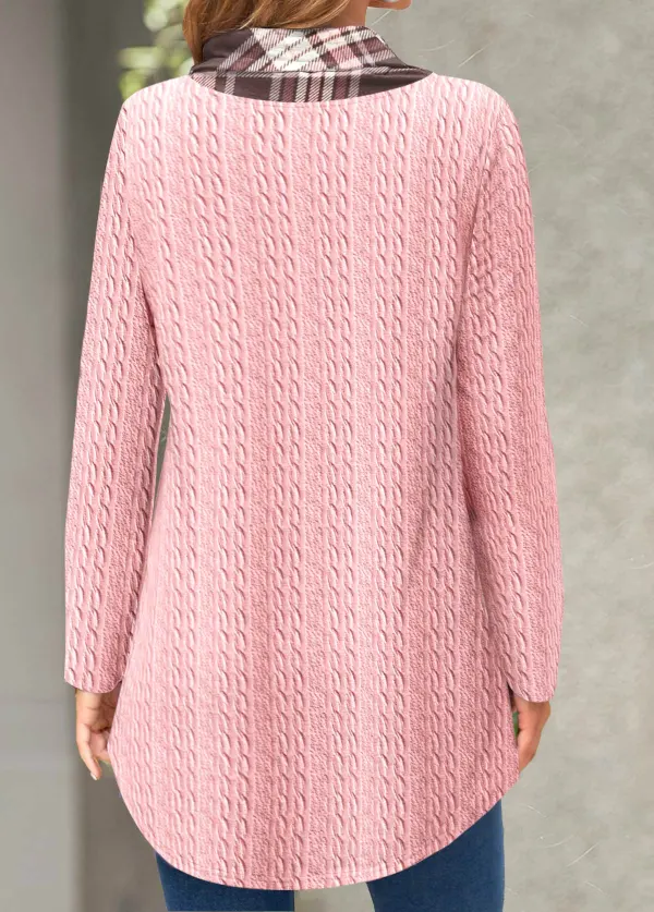 Light Pink Cross Hem Plaid Long Sleeve Sweatshirt