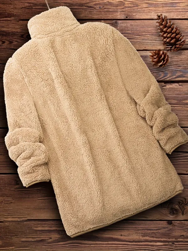 Zip Up Solid Teddy Coat, Casual Long Sleeve Winter Outerwear