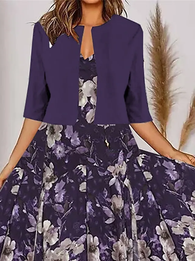 Women's Two Piece Dress Set Casual Dress Chiffon Dress Outdoor Daily Fashion Modern Print Midi Dress V Neck Half Sleeve Floral Regular Fit Purple Summer Spring S M L XL XXL