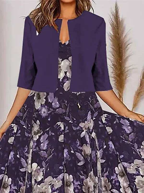 Women's Two Piece Dress Set Casual Dress Chiffon Dress Outdoor Daily Fashion Modern Print Midi Dress V Neck Half Sleeve Floral Regular Fit Purple Summer Spring S M L XL XXL