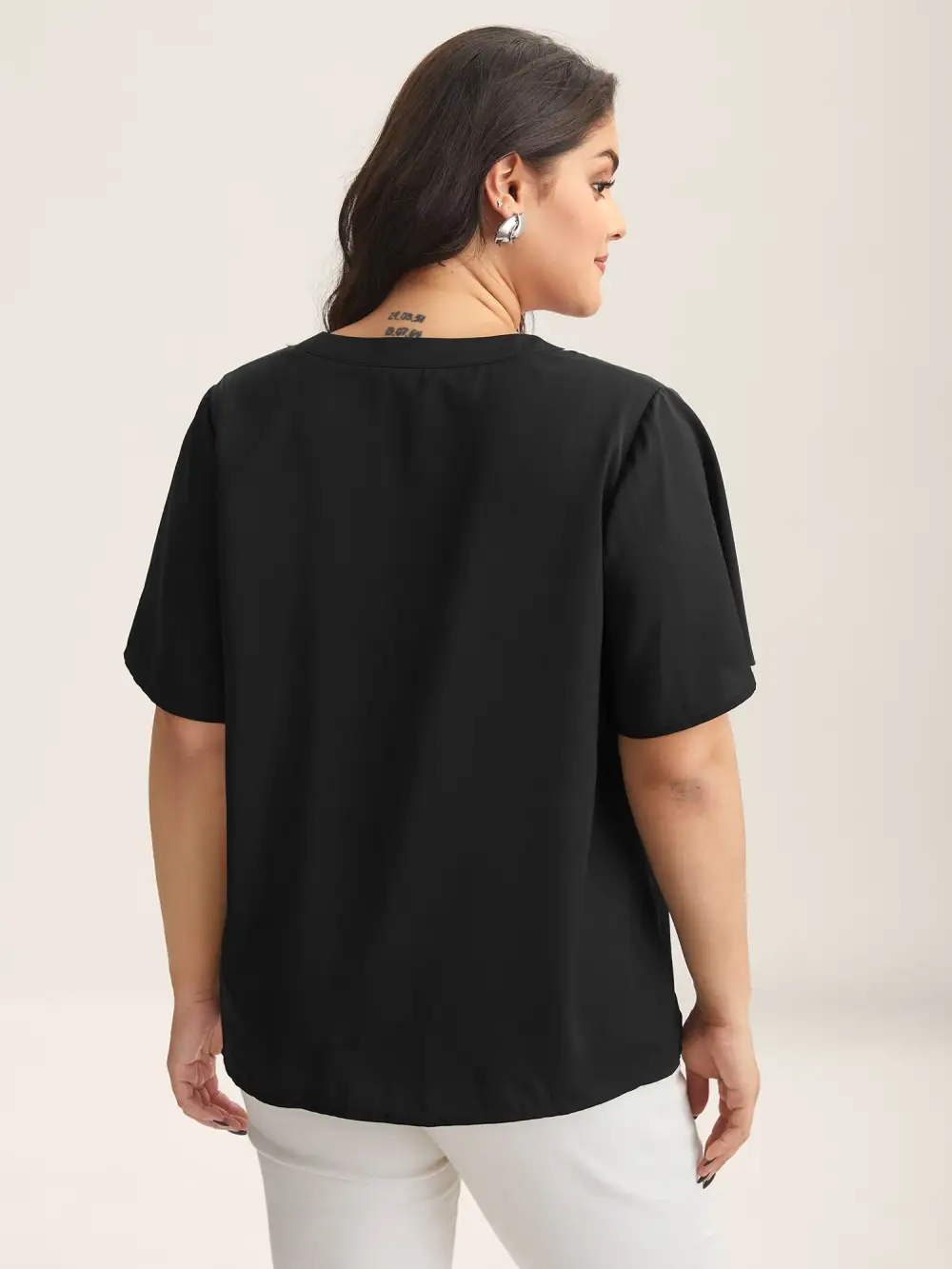 Lace Trim Notched Collar Solid Blouse