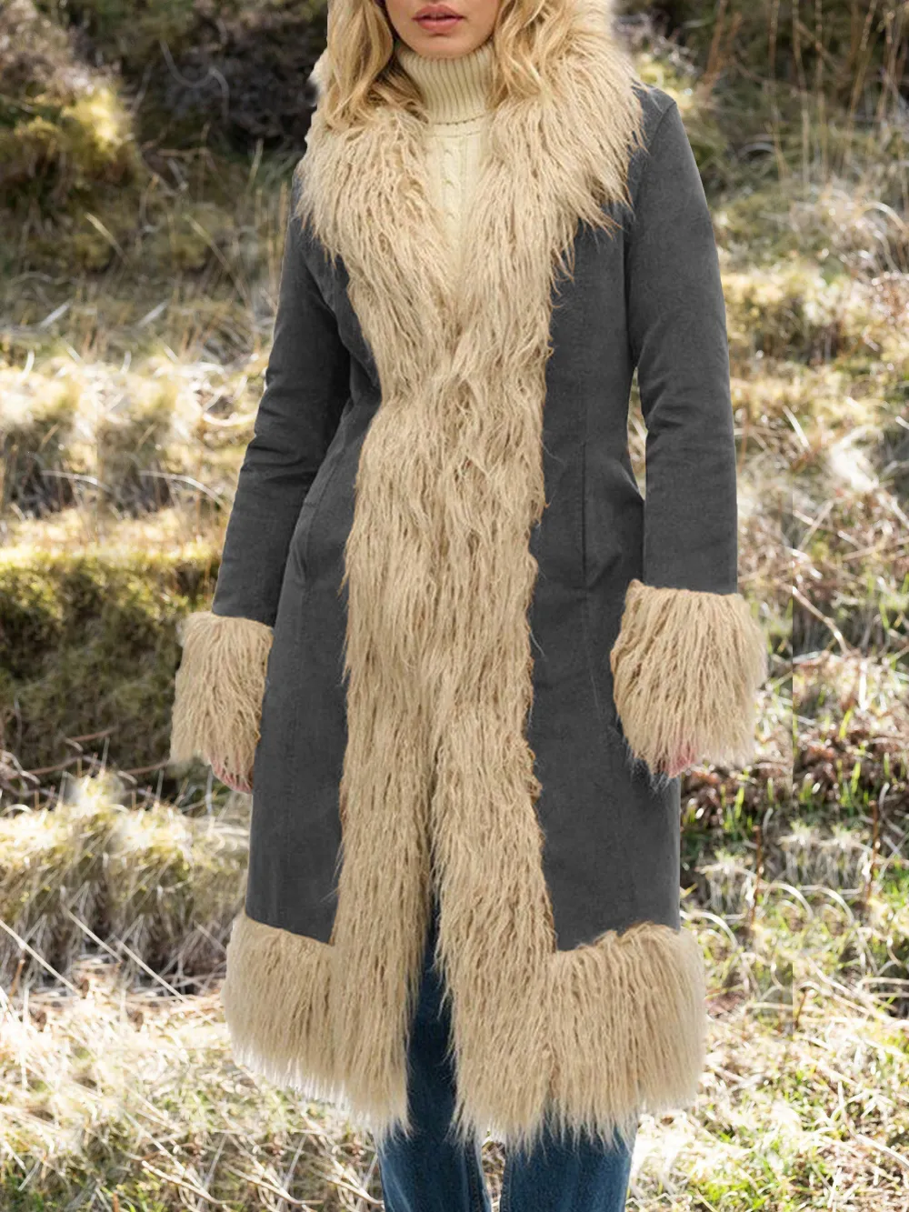 Superdry Faux Fur Lined Longline Afghan Coat, Tobacco Brown