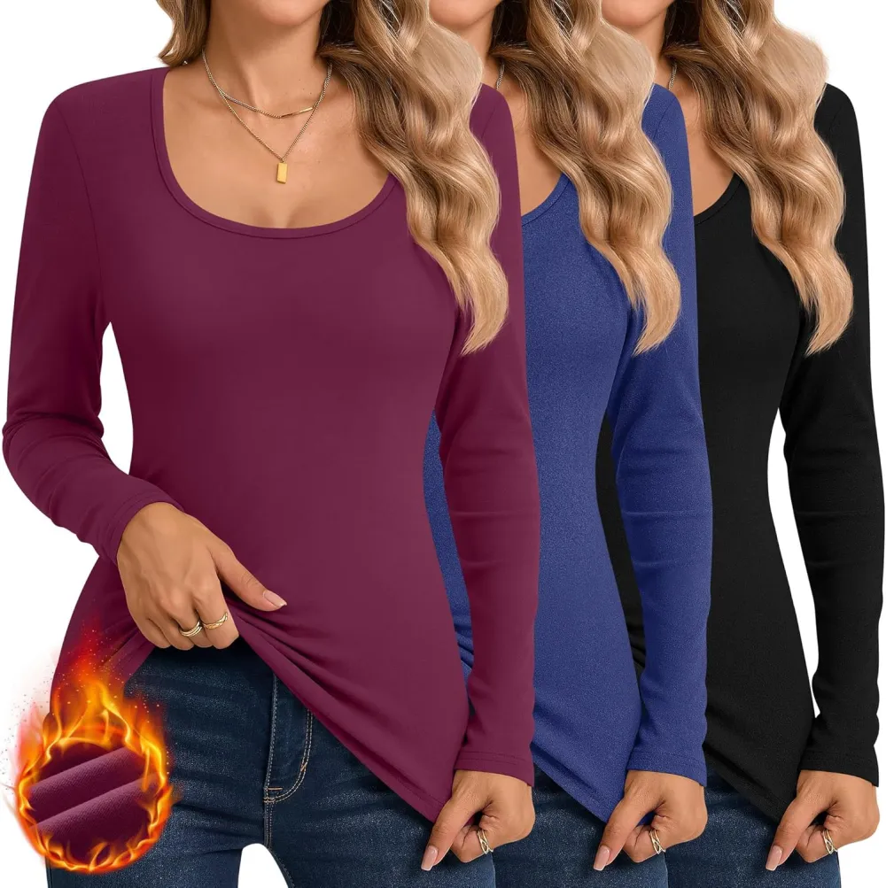 3 Pack Women's Thermal Long Sleeve Shirts Fleece Lined Scoop Neck Stretch Fitted Tops Winter Base Layer Underwear