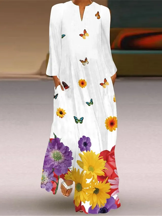 Women's Shift Dress Swing Dress Long Dress Maxi Dress Green Blue Grey White Black Long Sleeve Feather Butterfly Pocket Print Summer Spring V Neck Stylish Casual Dress 2023 S M L XL XXL XXXL 4XL 5XL