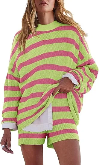 Womens Oversized Lounge Sets 2 Piece Outfits Striped Matching Pajama Set Long Sleeve Sweater Set