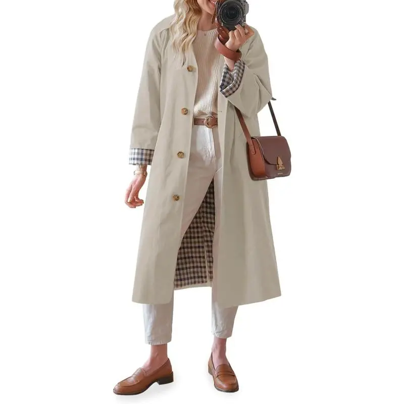 Womens Long Trench Coat Single Breasted Oversized Windproof Overcoat Fashion Outerwear
