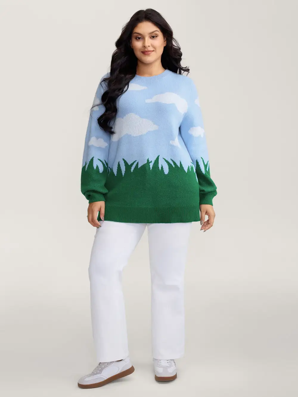Cloudy Grass Print Jacquard Balloon Sleeve Pullover