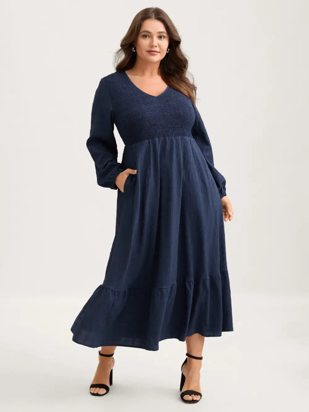 Solid Shirred Plisse Flutter Hem Dress