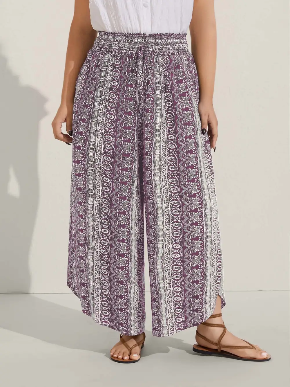 Boho Print Shirred Waist Wide-Leg Pants