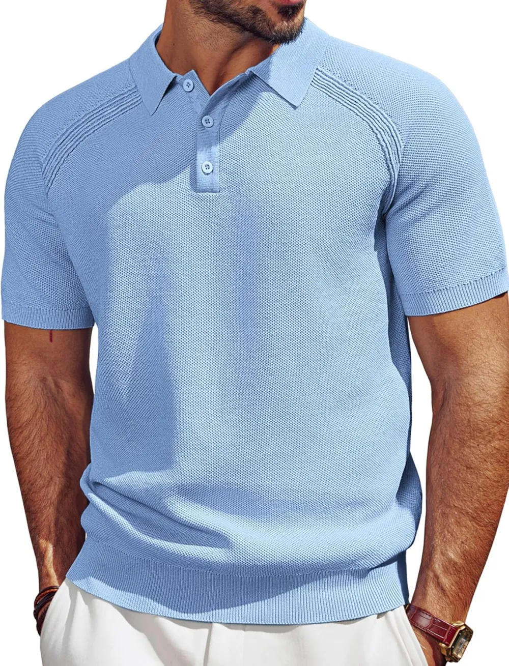 Men's Polo Shirt Short Sleeve Textured Knit Button Shirts Raglan Sleeve Casual Golf Shirt