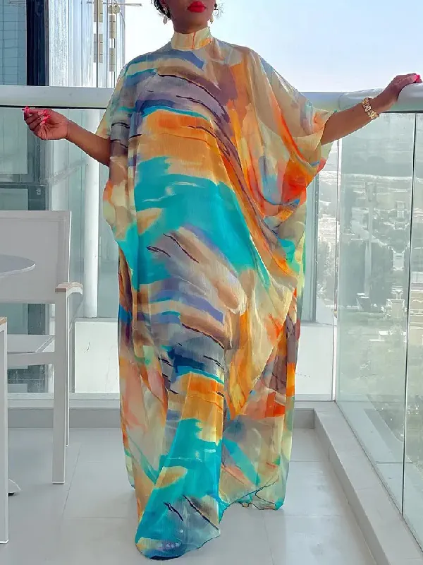 Vacation Batwing Sleeves Contrast Color Printed High-Neck Maxi Dresses