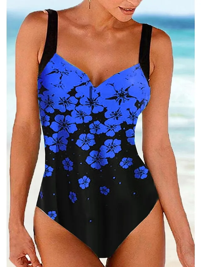 Women's Swimwear One Piece Monokini Bathing Suits Normal Swimsuit Floral Floral Print Navy Blue Blue Fuchsia Green Padded Strap Bathing Suits Sports Vacation Beach Wear