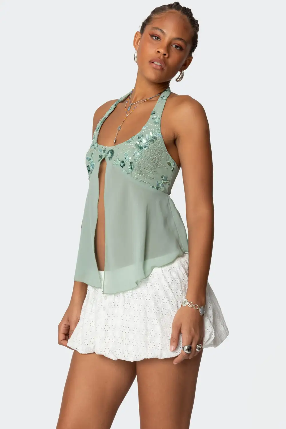 Sequin Chiffon Split Front Top