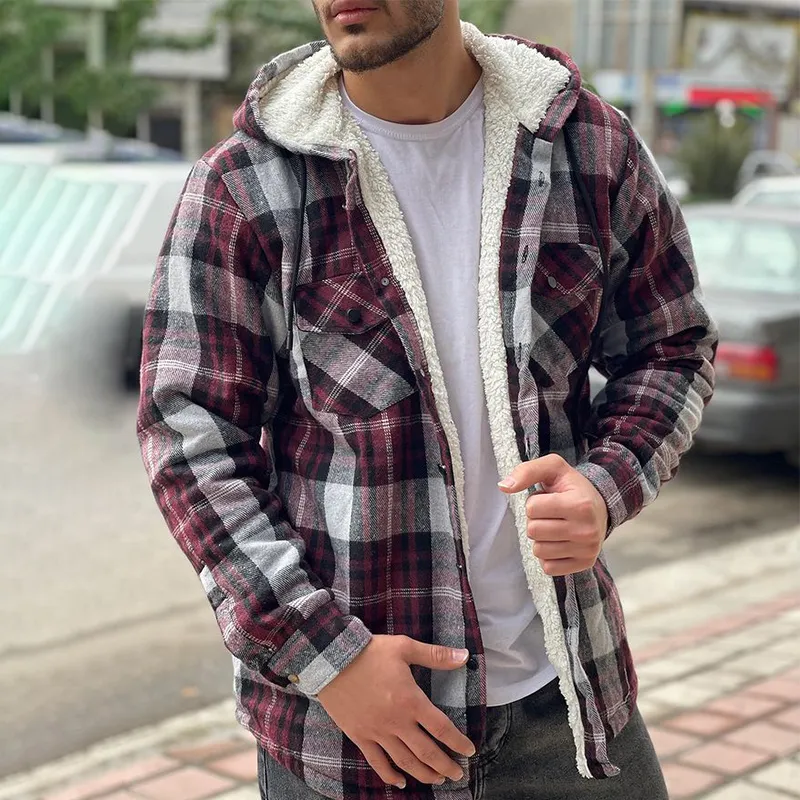Men's Plaid Plus Velvet Padded Hooded Jacket