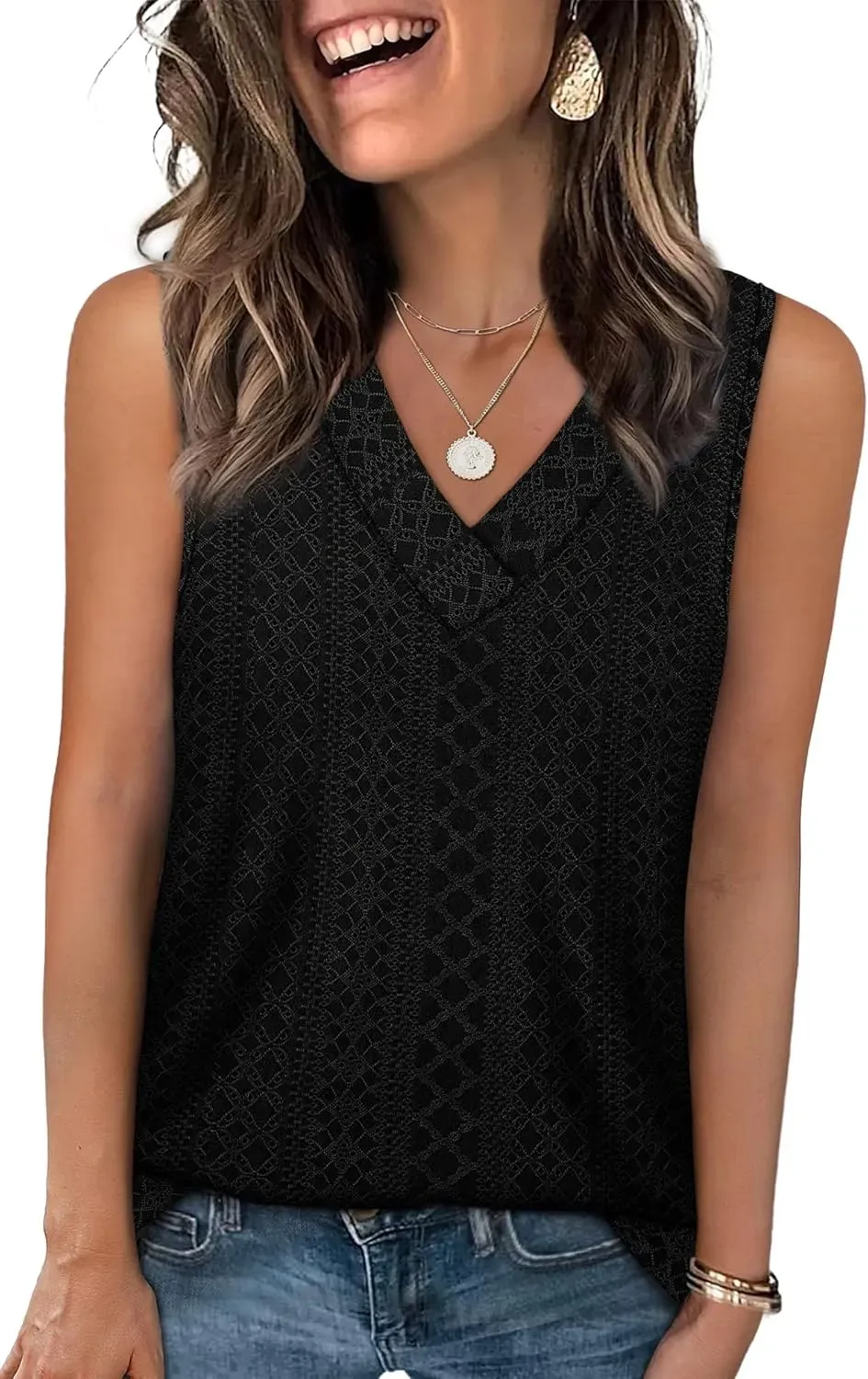 ✨Women Summer Outfits V Neck Tank Trendy Eyelet Sleeveless Basic T Shirts