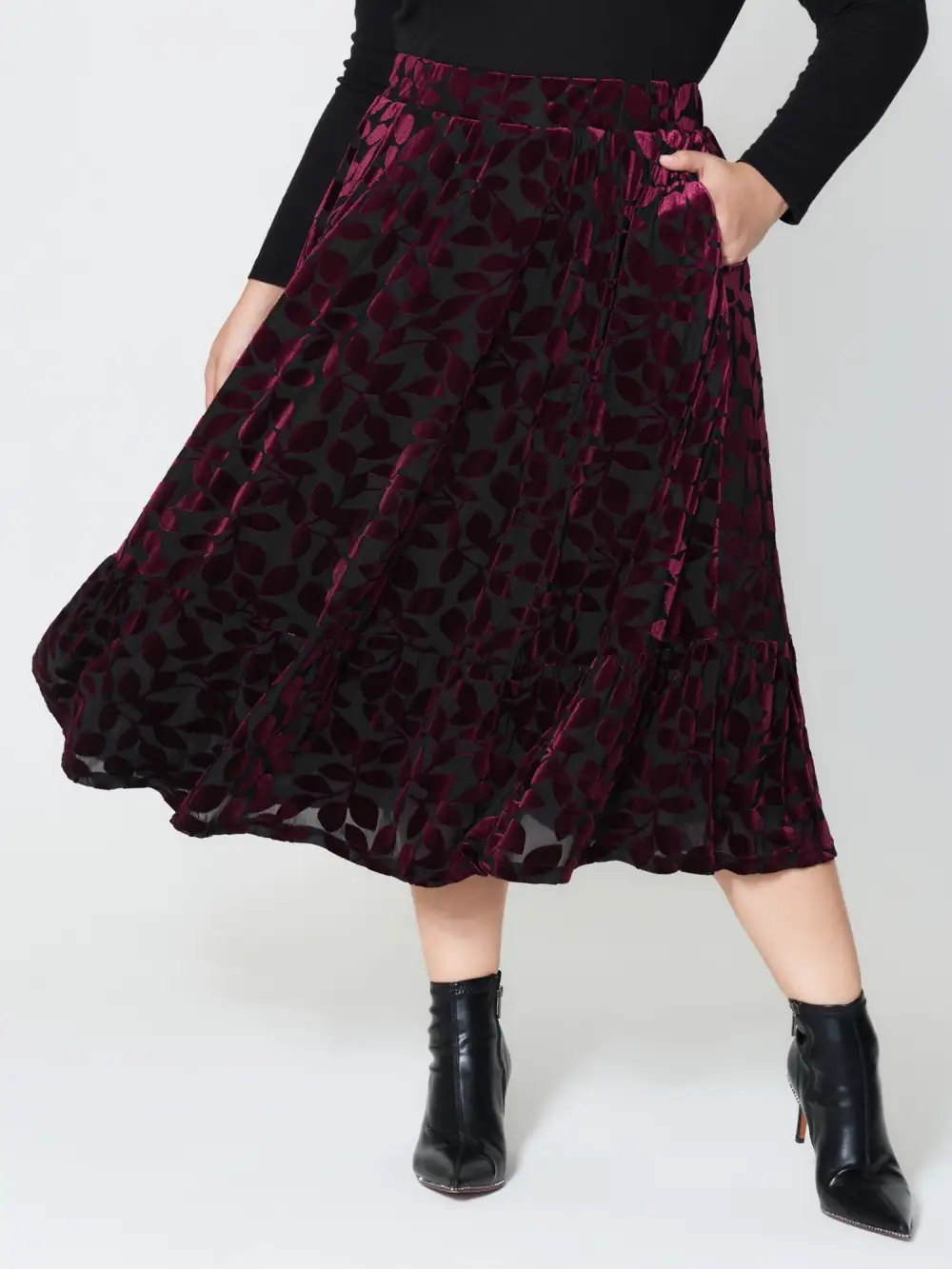 Laser-Cut Velvet Pleated Maxi Skirt
