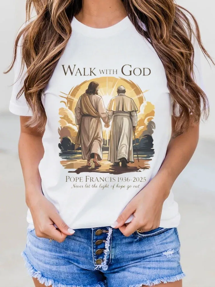 Women's Walk With God Print Short Sleeve Round Neck Cotton T-Shirt