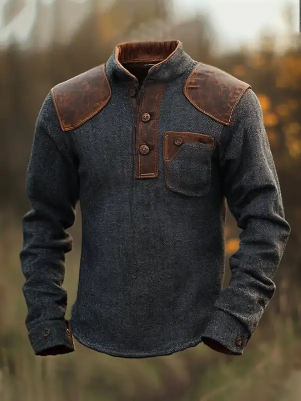 Men's Vintage Washed Herringbone Leather Paneling Contrast Color Henley Collar Long Sleeve Sweatshirt