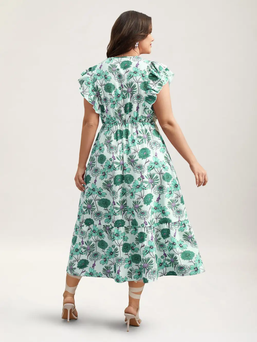 Ruffled Floral Print Stretchy-Waist Midi Dress