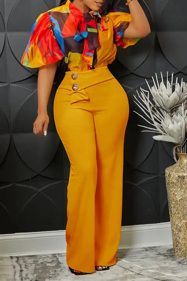 Abstract Print Elegant Pussy Bow Pant Suit