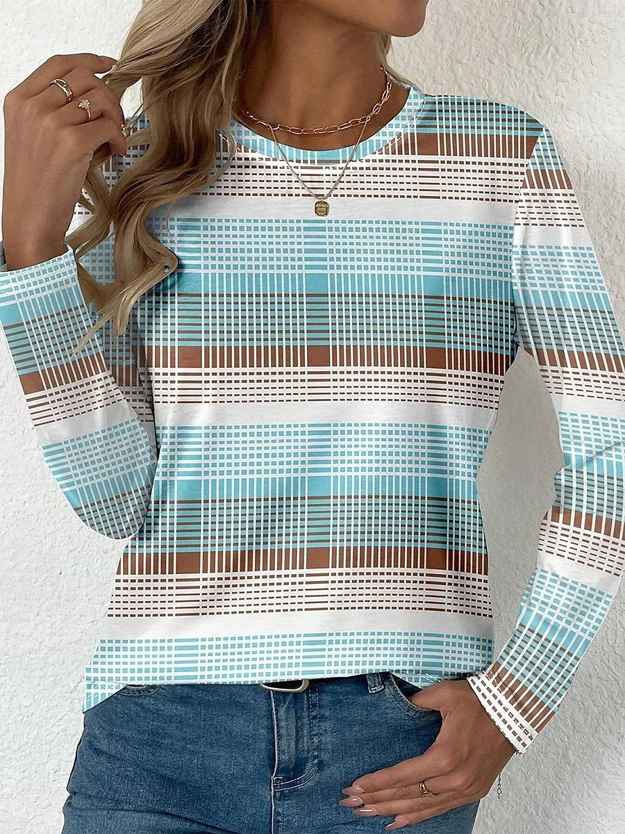 Easter Women's T shirt Long Sleeve Crew Neck Long Sleeve Tunic Graphic Plaid Stylish Modern Casual Regular Tops Daily Print Yellow Pink Blue Purple Green Fall Prefall
