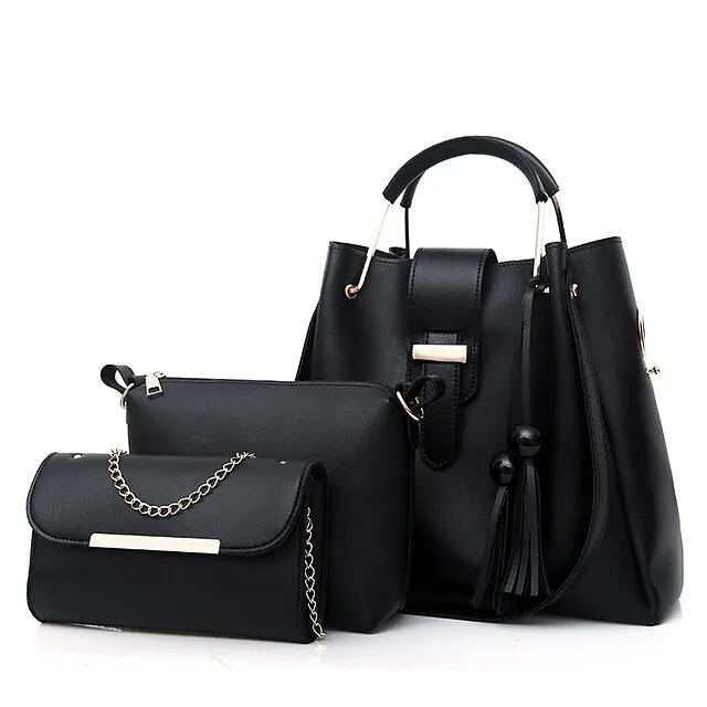 Women's Bag Set PU Leather 3 Pcs Purse Set Shopping Zipper Tassel Black White Pink