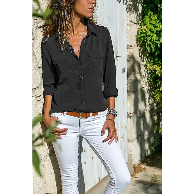 Women's Shirt Blouse Pocket Lapel Collor Long Sleeve Women‘s Clothing Solid Color Daily Basic