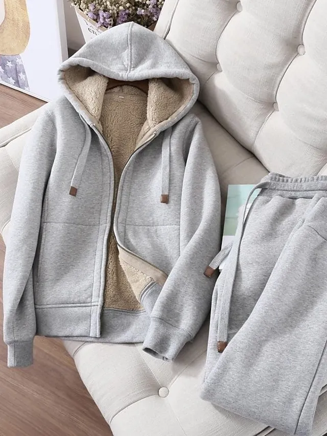 Women's Sweatshirt Tracksuit Pants Sets Black Red Blue Solid Color Zipper Drawstring Long Sleeve Sport Vacation Streetwear Sherpa Fleece Teddy Hooded Regular Fit Fall & Winter