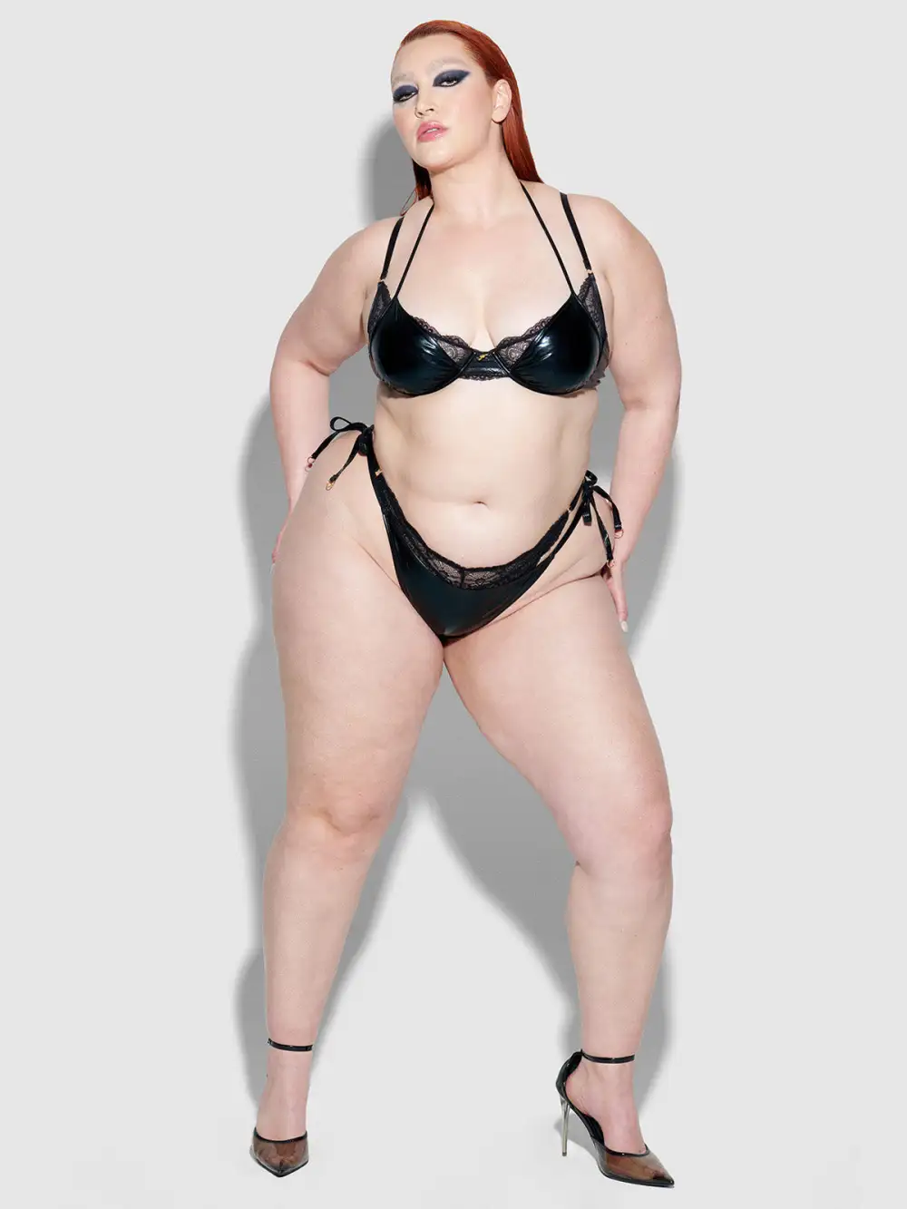 Frederick's Of Hollywood Onyx Leather & Lace Underwire Swim Top