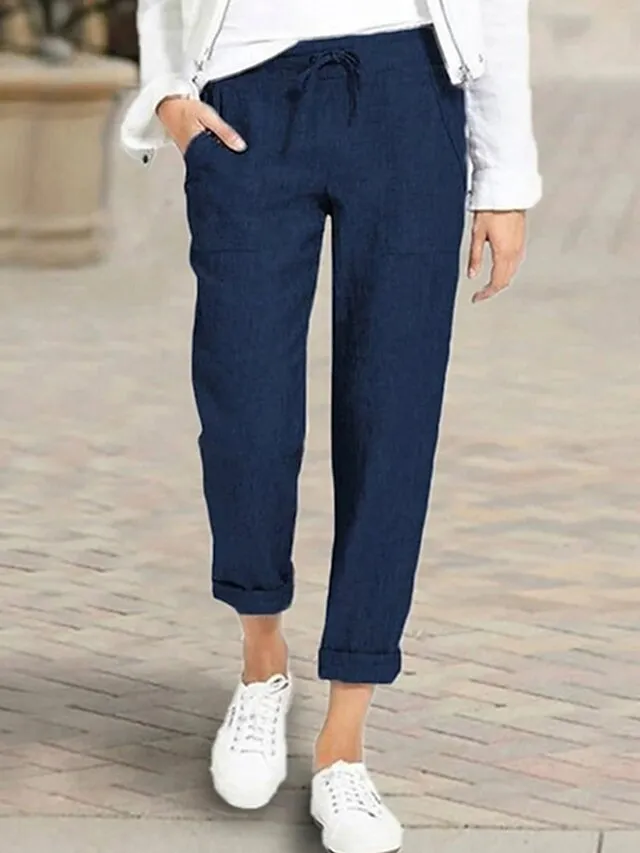 Women's Pants Trousers Capri shorts Baggy Faux Linen Solid Colored Baggy Ankle-Length Mid Waist Basic Casual Daily Black Wine S M Summer Spring &  Fall