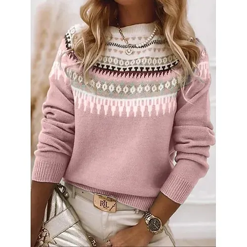 Women's Sweater Fair Isle Sweater Pullover Casual Soft Floral Ribbed Crew Neck Knitted Print Long Sleeve Regular Tops Knit Outdoor Daily Holiday Red Blue Fall Winter