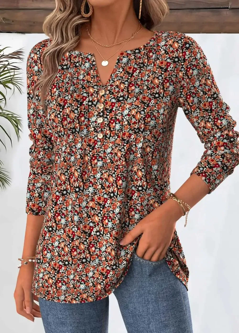 Multi Color Ditsy Floral Print Long Sleeve T Shirt