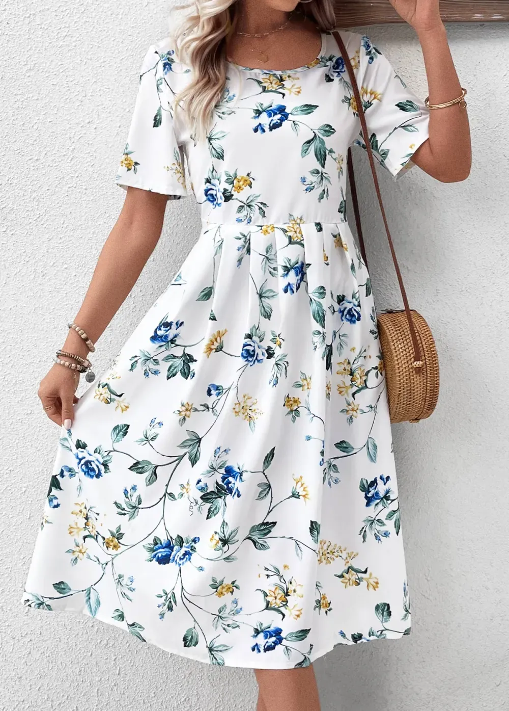 White Floral Print Short Sleeve Round Neck Dress