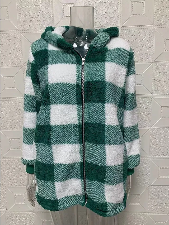 Women's Fleece Jacket Fleece Basic Pocket Zip Up Black Light Green Red Plaid Street Casual Hoodie Long Sleeve Top Micro-elastic Fall & Winter