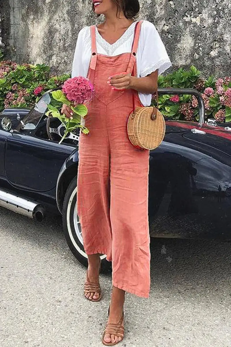 Fashion Street Solid Spaghetti Strap Loose Jumpsuits(7 colors)