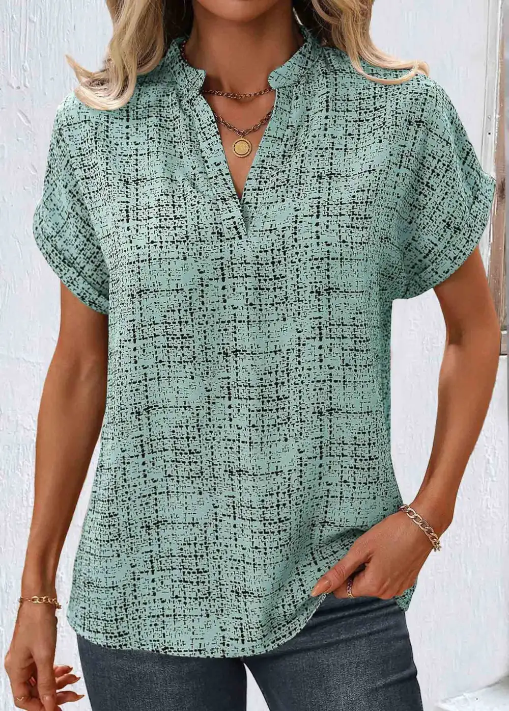 Sage Green Split Geometric Print Short Sleeve Blouse