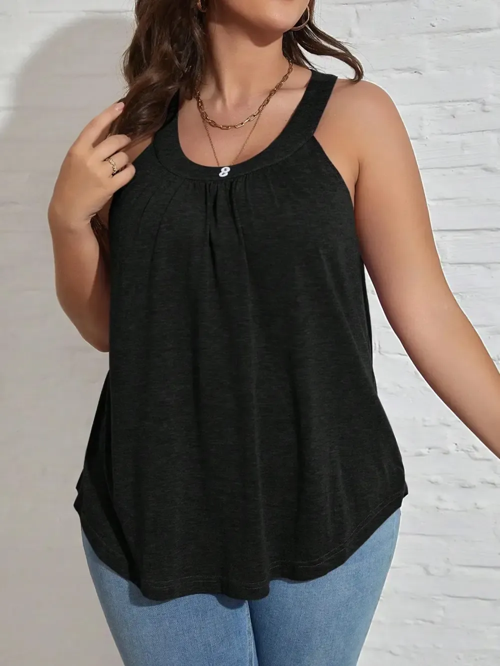 Round Neck Pleated Loose Casual Tank Top