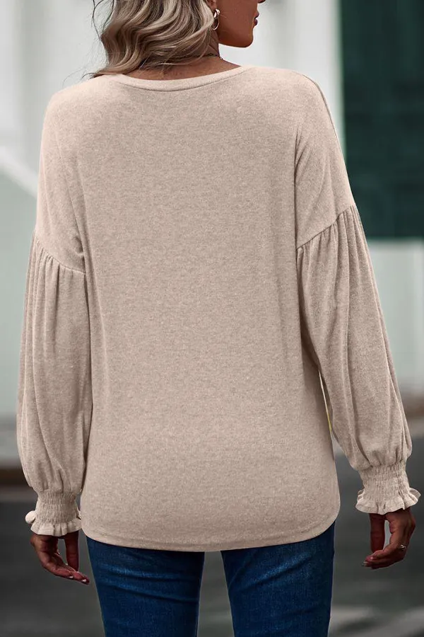 Smocked Bell Cuffs Long Balloon Sleeve Pullover