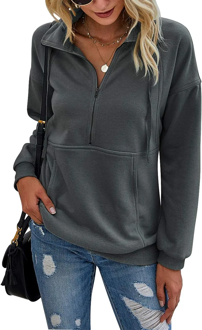 Women's Casual Long Sleeve Lapel Zipper Sweatshirt Drawstring Loose Pullover Tops