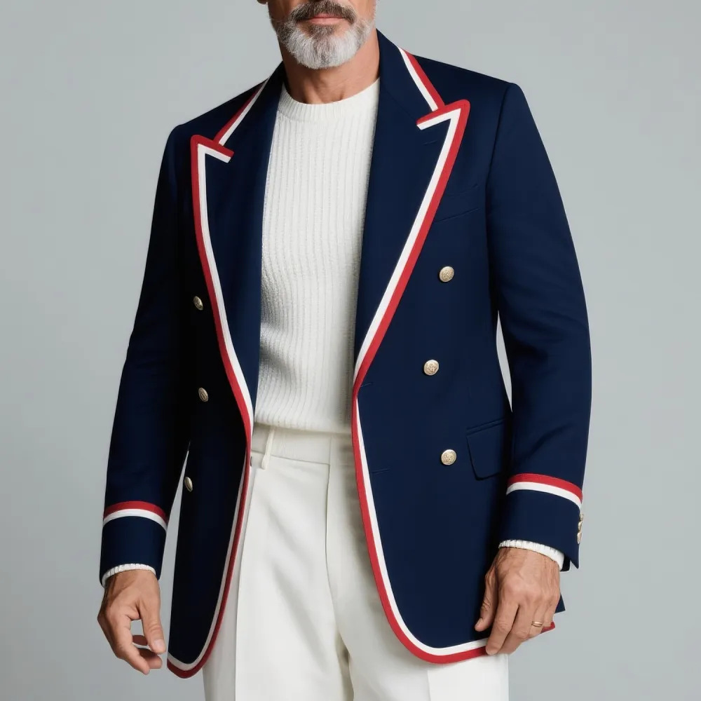 Men's Retro Peak Lapel Long Sleeve Double Breasted Contrast Striped Blazer